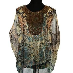 Bo Ho One World Beaded Flowing Earth tone top l M
